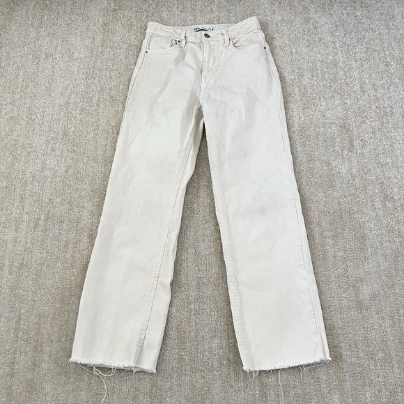 Zara High Waisted Distressed Straight Leg Jeans 4 Cream Cropped - Picture 1 of 9